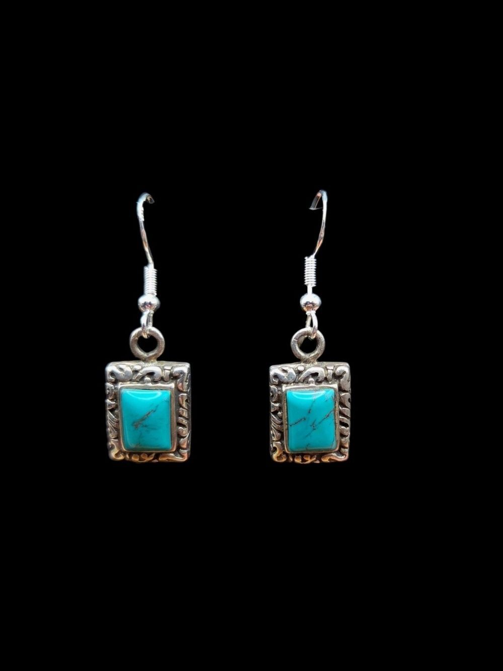 Sterling Silver Turquoise Rectangular Drop Earrings Southwestern Dangle